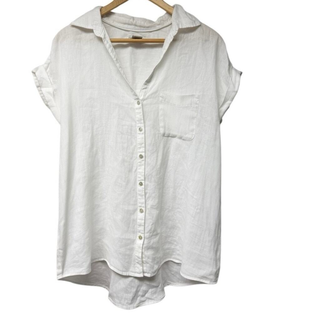 Rachel Zoe Size Large White 100% Linen Button Up Shirt Blouse Nautical Coastal